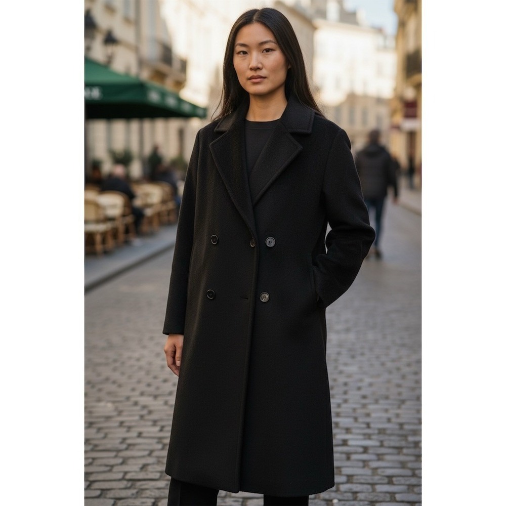Quince Cashmere blend Overcoat M Black Double Breasted Long Notch Lapel Coat